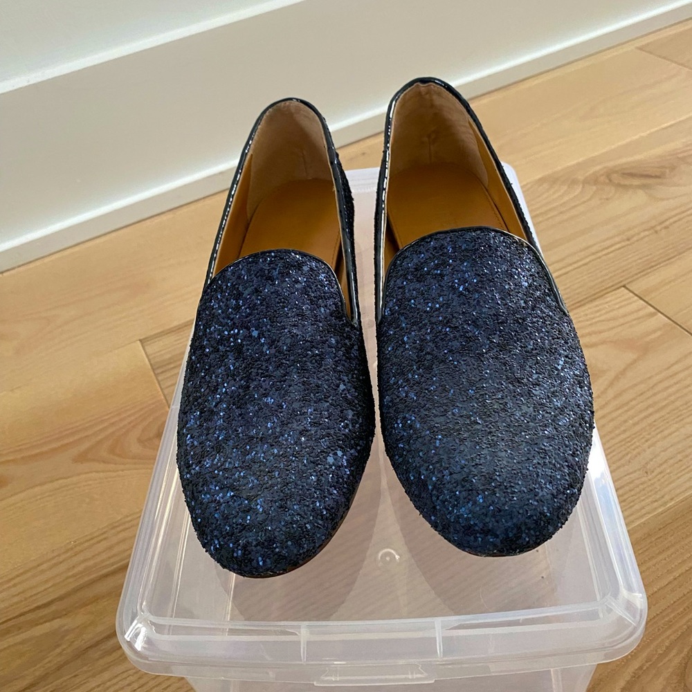 J.Crew Sequin Shoes- rich navy loafers- size 8